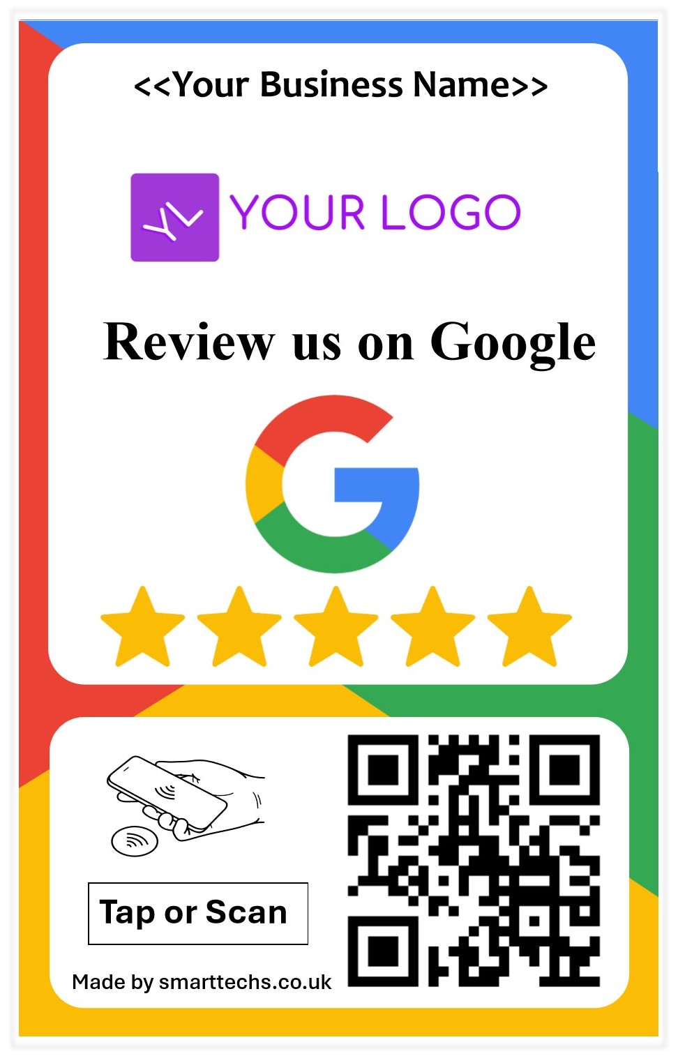 Google Review card with Business logo and  name with Scan
