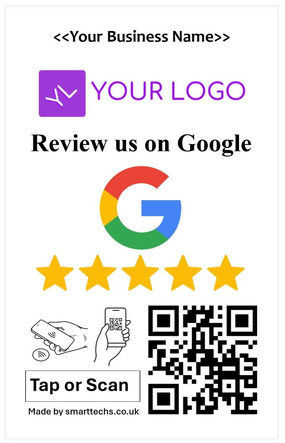 Google Review card with Business logo and name with Scan - White Background